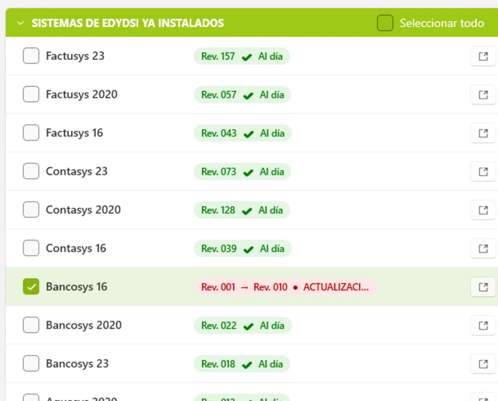 Lista de sistemas de EDYDSI instalados en el ACTUALSYS 26