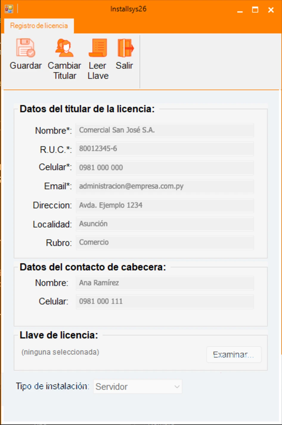Pantalla de registro de licencia del Instalasys 26